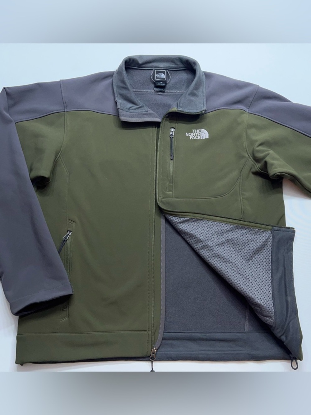 The North Face Apex Jacket Mens Size Large Olive Green Gray Softshell Full Zip